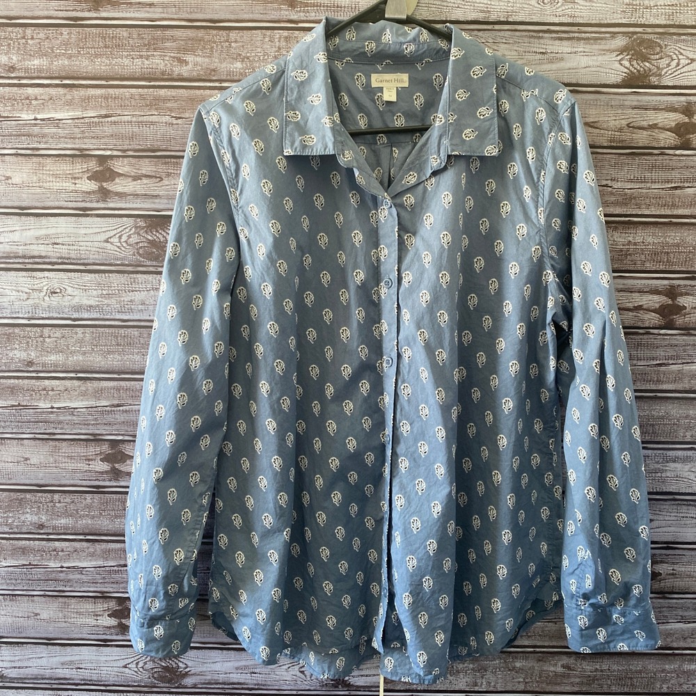Garnet Hill Women's Long-Sleeved Button-Down Top Size 14 Blue Floral